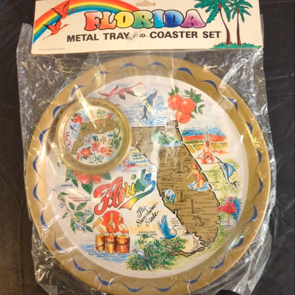 Vintage Deadstock Florida Metal Tray and Coasters Set Retro Mid-Century souvenir